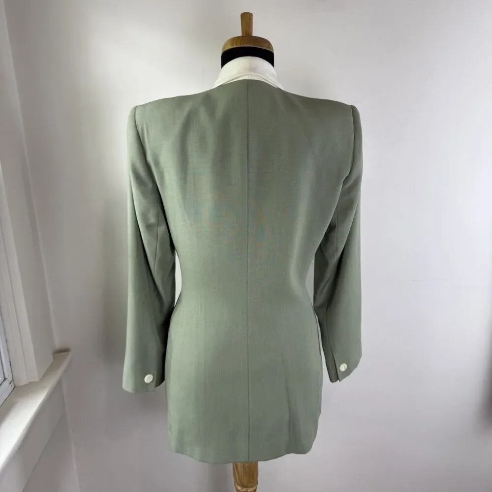 Vintage 90s Sage Green Power Suit Set | High Waisted Trousers Shawl Collar
